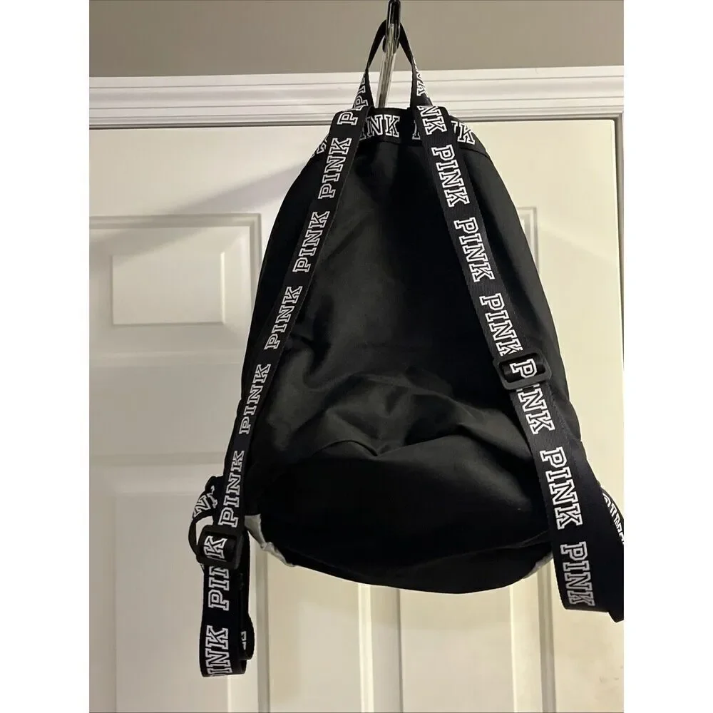 PINK Victoria's Secret Cinch Drawstring Large Back Pack Black/Silver NWOT